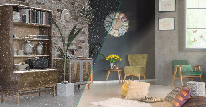 Wohnzimmer mit Staub links, sauber rechts; Bücherregal, Pflanzen, Sessel. Reinigung nötig.